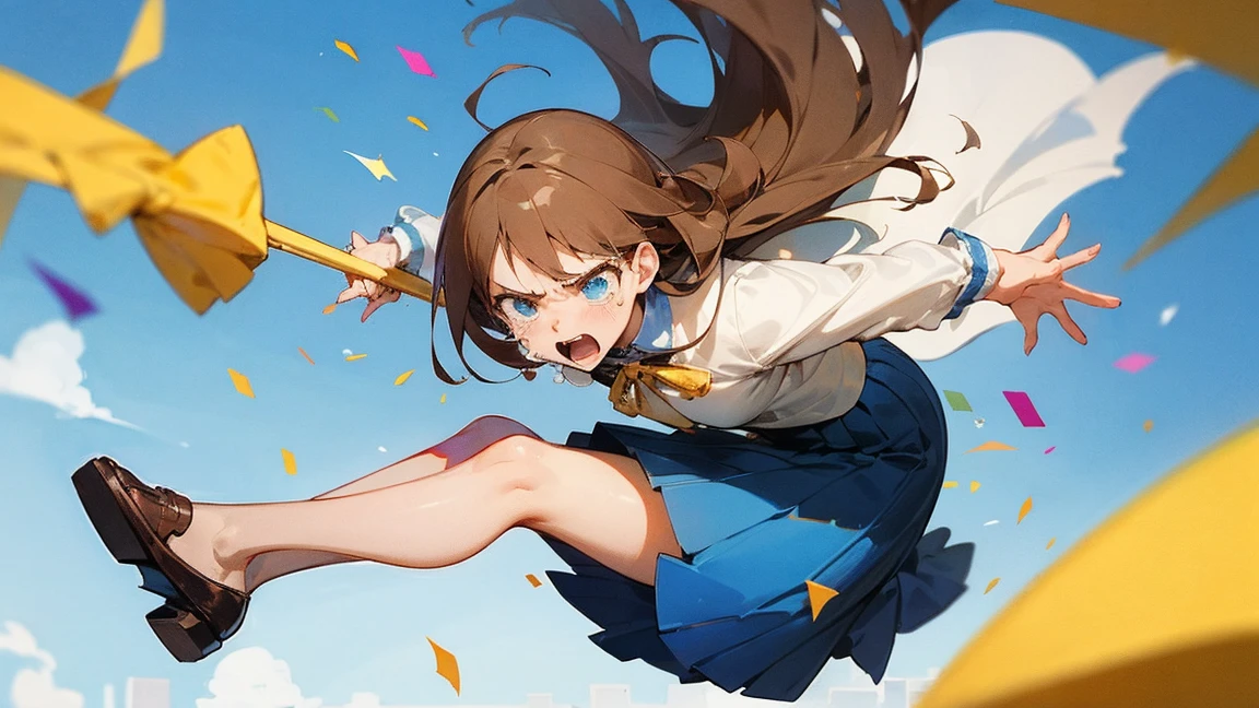 ((Highest quality)), ((masterpiece)), ((Very detailed)),Floatingする女の子,Angry expression,floating,Floating,Confetti,Brown Hair,tears,Levitating,Blue sky background,Feet in the air,tears,gravity,Long skirt,loafers,Raise both hands