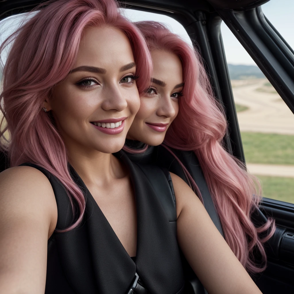 beauty，close up，Exquisite and precise facial features.，The eyes are very focused.，black vest，wide，8k，Best Quality，High Definition，super fine，hyperrealism，photo effects，Rich in detaileticulous rendering, pink hair, selfie, pink hair, big smile, long hair, copilot seat, seat belt