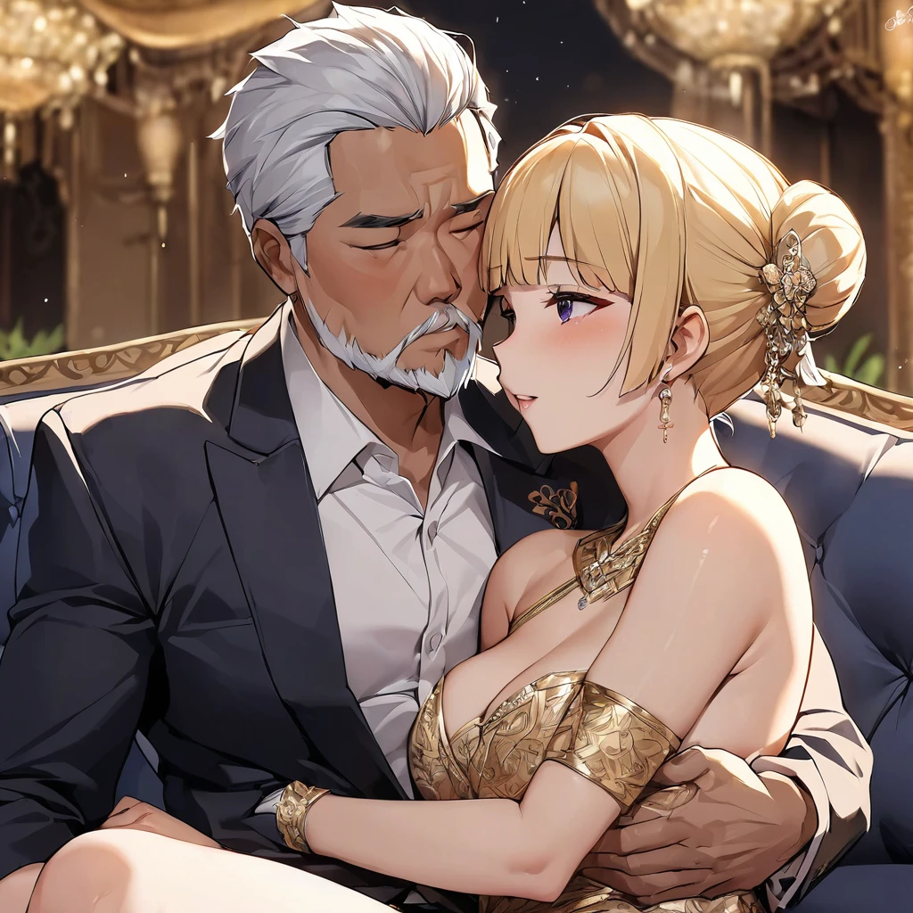 ((Highest quality)), ((masterpiece)), (detailed), (Perfect Face)、The woman is a Thai girl named Tsukino Usagi, and is wearing a gorgeous, glittering siwalai with gold embroidery in a luxurious Thai mansion, with gorgeous jeweled accessories and an engagement ring. The woman and the man are sitting on a luxurious, large sofa in the luxurious room, and the woman is embracing and kissing a middle-aged Thai man wearing a dignified and sturdy Thai national costume, making love to each other.、The woman is the elegant Tsukino Usagi, a Thai girl with long blonde hair in a chignon twin tail, wearing a luxurious siwa-rai.、The man is a dignified, muscular, bearded, middle-aged Thai man wearing a Sua Praratchathan.