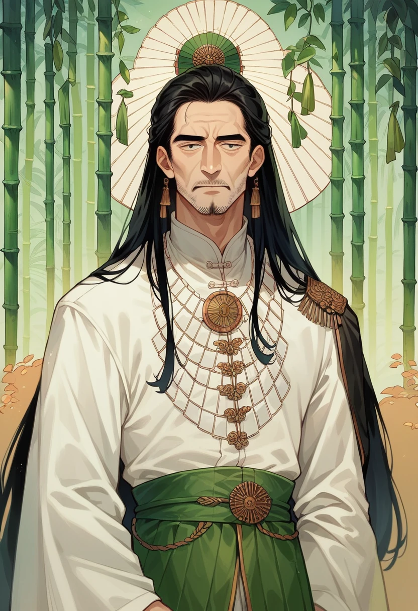 1 ancient adult man,Beautiful face,Exquisite facial features,Middle-parted long hair,black hair,With green hairpin,Cool temperament,White clothes,Bamboo pattern decoration,Background light green landscape,Half figure,Light and Shadow,Bright and clear color