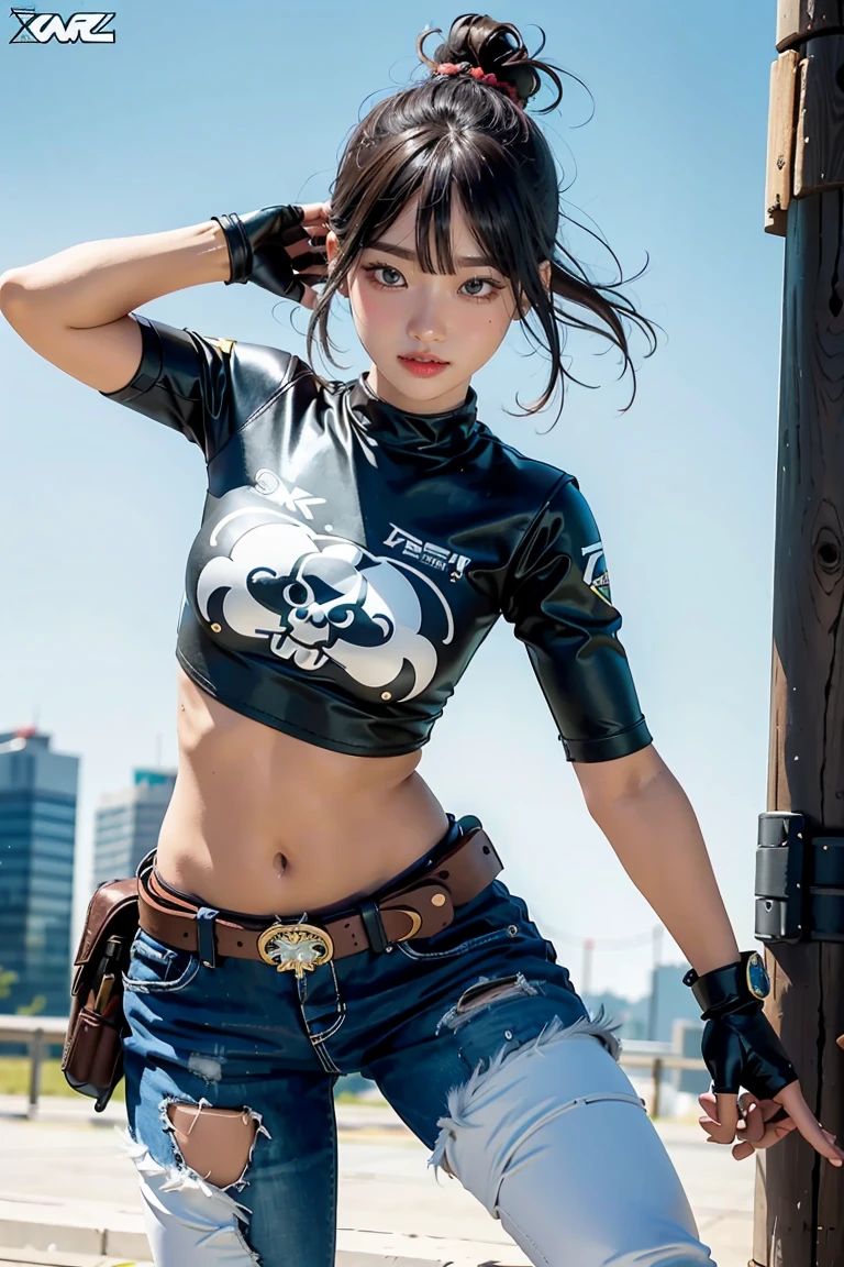 fantasy-style, (zPDXL2), (((cowboy shot))), (((dynamic pose))), (((dynamic angle))), sehele style, webtoon, anime, centered, 1girl, 1woman, solo, camera from above, (underboob), (((dual wielding pistols))), lip bite, exited, short hair, hair bun, (black cropped top with skull print), gloves, belt, pants, thigh holster, pouch, boots, athletic, tomboy, outdoors, modern city background, 