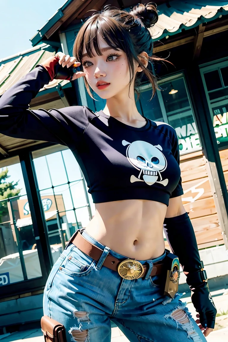 fantasy-style, (zPDXL2), (((cowboy shot))), (((dynamic pose))), (((dynamic angle))), sehele style, webtoon, anime, centered, 1girl, 1woman, solo, camera from above, (underboob), (((dual wielding pistols))), lip bite, exited, short hair, hair bun, (black cropped top with skull print), gloves, belt, pants, thigh holster, pouch, boots, athletic, tomboy, outdoors, modern city background, 