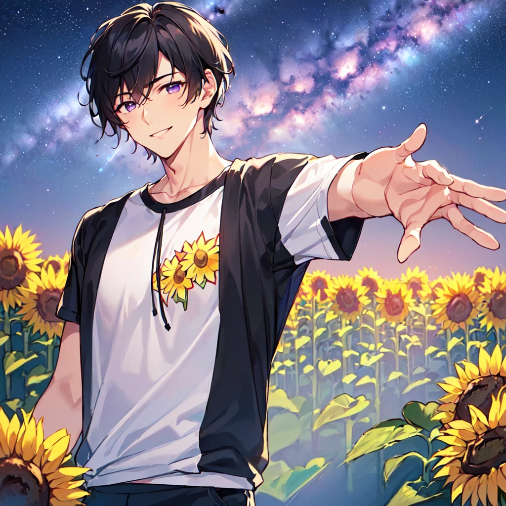 masterpiece,best quality,high quality,(1 male austere handsome solo adult age 30 years old:1.5), purple eyes, cool with suspended eyes, V-shaped eyebrows, body strong and fearless 8.5 head tall, height 185cm, (well-groomed black short hair down to neck:1.4), (bangs 7 thirds parted:1.4), slender nose, facial muscles, throat, (tee shirt with sunflower print summer fashion pants:1.3), (arms outstretched), (stylish pose), (cool smile:1.3), (background sunflower flower field:1.3) , (Milky Way Night Sky: 1.3), (upper body:1.3)