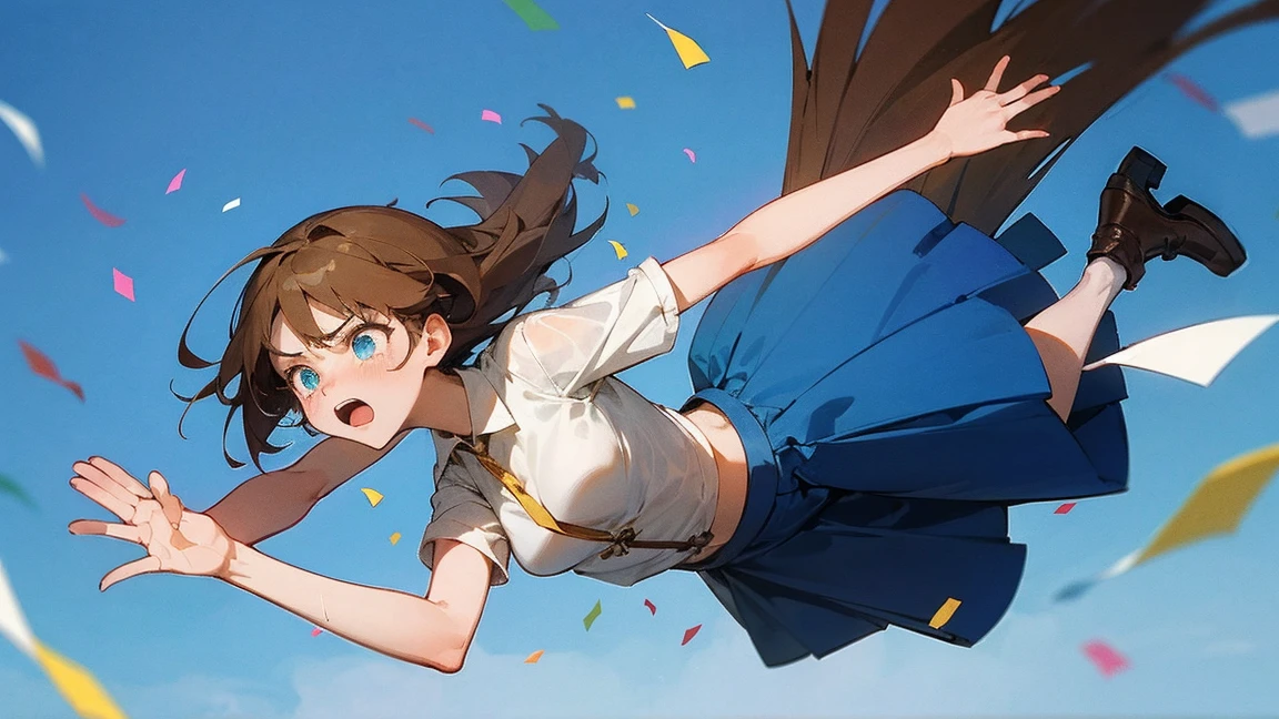 ((Highest quality)), ((masterpiece)), ((Very detailed)),Floatingする女の子,Angry expression，floating，Floating，Confetti，Brown Hair,tears,Levitating,Blue sky background,Feet in the air,tears,gravity,Long skirt,loafers,Raise both hands