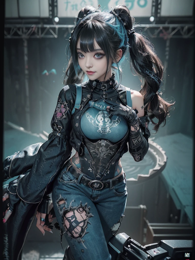 (Full Body View:1.4)、(Full body:1.3)、(Smiling with teeth showing:1.3),(Shibuya Gal:1.5)、(Gothic ta style fashion:1.5)、(Punk RockVisual Kei:1.5)、(Wearing a rhythmic gymnastics bodysuit with intricate details:1.4)、(Racing suit and pants with intricate turquoise, denim and charcoal decorations:1.5)、(Denim and light blue and turquoise boots:1.3)、((belt))、(Numerous delicate logo marks all over the costume:1.4)、(collar:1.3)、(Polka dot underwear:1.5)、20-year-old、NSFW、((Highest quality、In 8K、masterpiece:1.3))、Sharp focus:1.2、(Layered Cut、Huge boobs:1.1),Beautiful woman with perfect figure:1.4、(do a gravure pose:1.3)、Slender Abs:1.2、Highly detailed face and skin texture、Detailed eyes、double eyelid,(Twin tails:1.3)、(Black brown hair:1.3)、Gravure idol、(The background is the stage of the fashion show:1.3)、(Slim body:1.3),(Make your legs thinner:1.4),(clavicle:1.1)