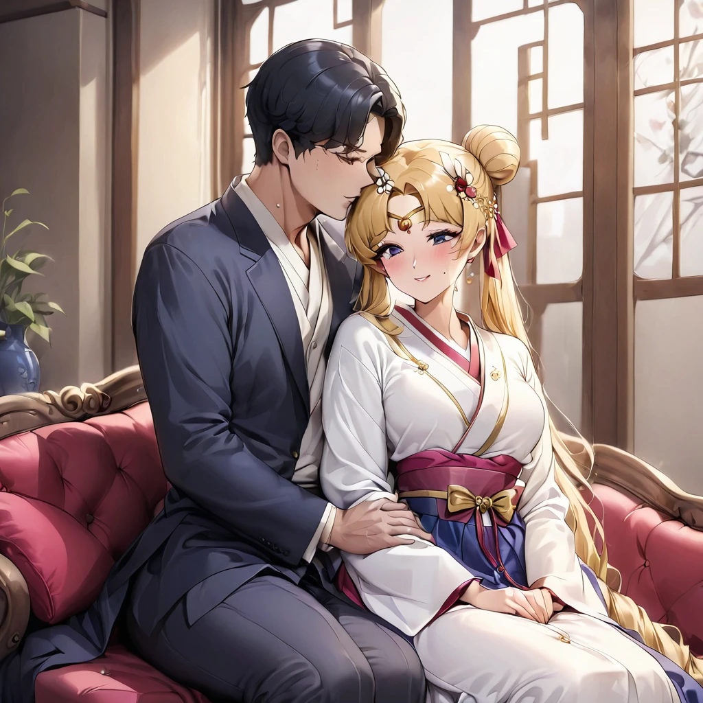 ((Highest quality)), ((masterpiece)), (detailed), （Perfect Face）、The woman is Korean Tsukino Usagi, and in a luxurious Korean mansion, she is wearing a gorgeous and dazzling traditional Korean dress called a hanbok, a gorgeous hair ornament, gorgeous jeweled accessories, and an engagement ring. The woman and the man are sitting on a gorgeous, large sofa in the luxurious room, and the woman is embracing and kissing the dignified and sturdy middle-aged Korean man wearing hanbok, making love to each other.、The woman is the elegant Tsukino Usagi, a Korean woman with long blonde hair in a chignon twin tail, wearing the traditional Korean dress, Chima Chogori.、The man is a dignified, sturdy middle-aged Korean man wearing the traditional Korean dress, Hanbok.