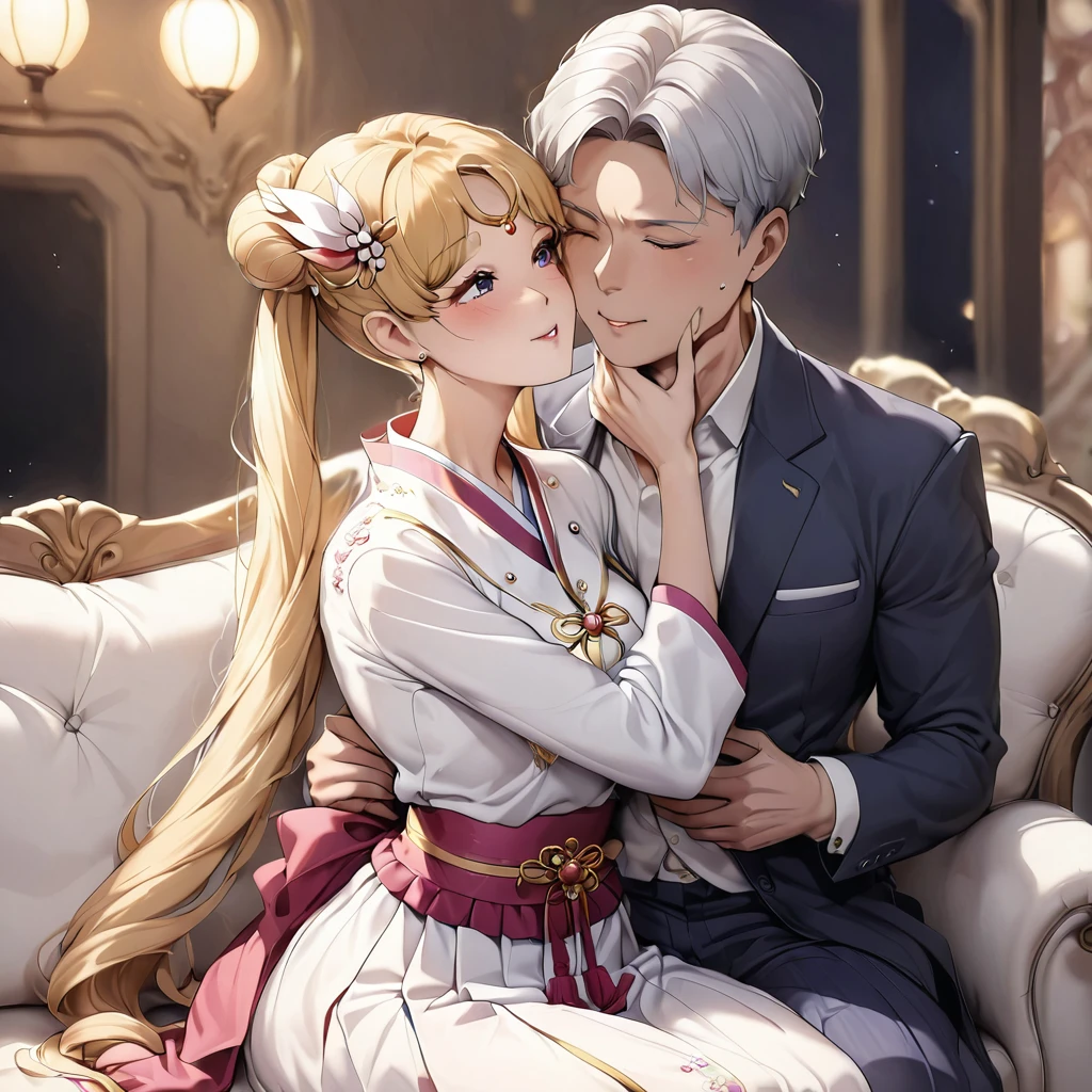 ((Highest quality)), ((masterpiece)), (detailed), （Perfect Face）、The woman is a Vietnamese woman named Tsukino Usagi, wearing a gorgeous and glittering ao dai, a traditional Vietnamese dress with gold embroidery, a gorgeous hair ornament, gorgeous jeweled accessories and an engagement ring. The woman and the man are sitting on a gorgeous, large sofa in a luxurious room, and the woman is being embraced, kissed and caressed by a dignified and sturdy middle-aged Vietnamese man dressed in Vietnamese national dress.、The woman is the elegant Tsukino Usagi, a Vietnamese girl with long blonde hair in a chignon twin tail and wearing an ao dai.、The man is a dignified and sturdy middle-aged Vietnamese man wearing Vietnamese national costume.