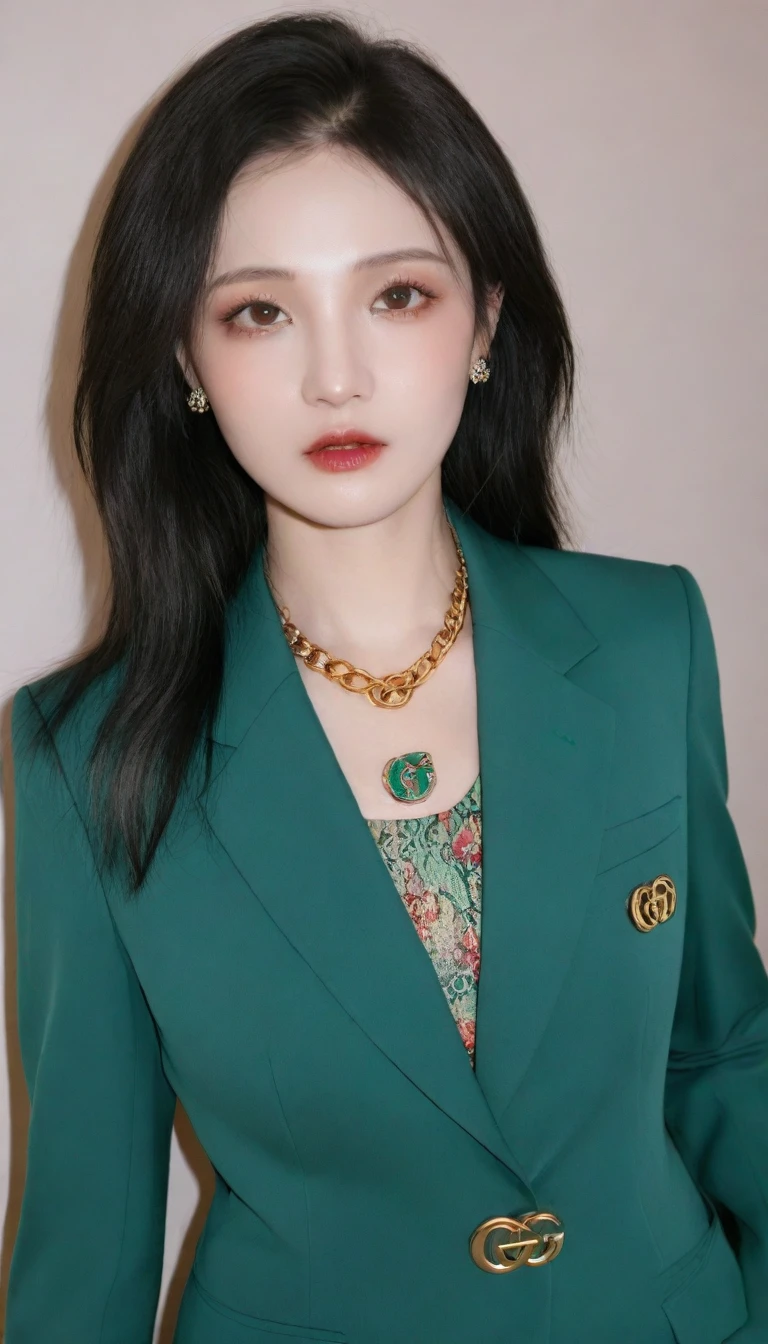 a close up of a woman in a green suit and a choke, gucci clothes, gucci goddess, by Emma Andijewska, ornate dark green clothing, wearing green jacket, wearing green suit, intricate abstract. gucci style, guccimaze, green clothes, 🤬 🤮 💕 🎀, waist - shot, teal suit, gucci poster, best selling