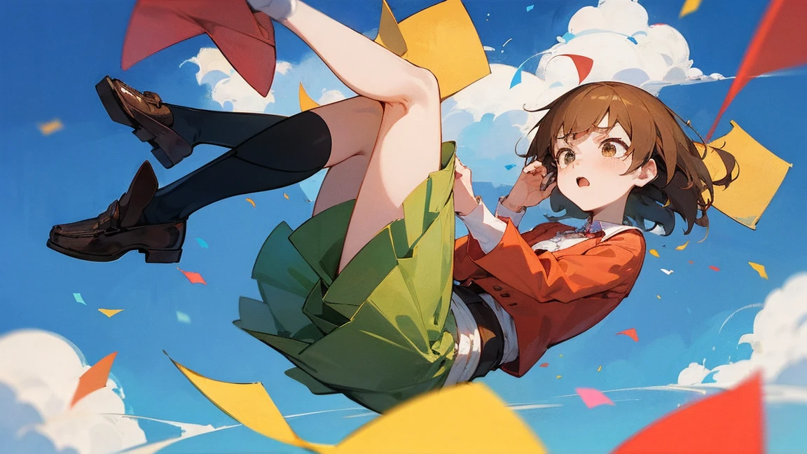 ((Highest quality)), ((masterpiece)), ((Very detailed)),Floatingする***,Angry expression，floating，Floating，Confetti，Brown Hair,tears,Levitating,Blue sky background,Feet in the air,tears,gravity,Long skirt,loafers,Raise both hands