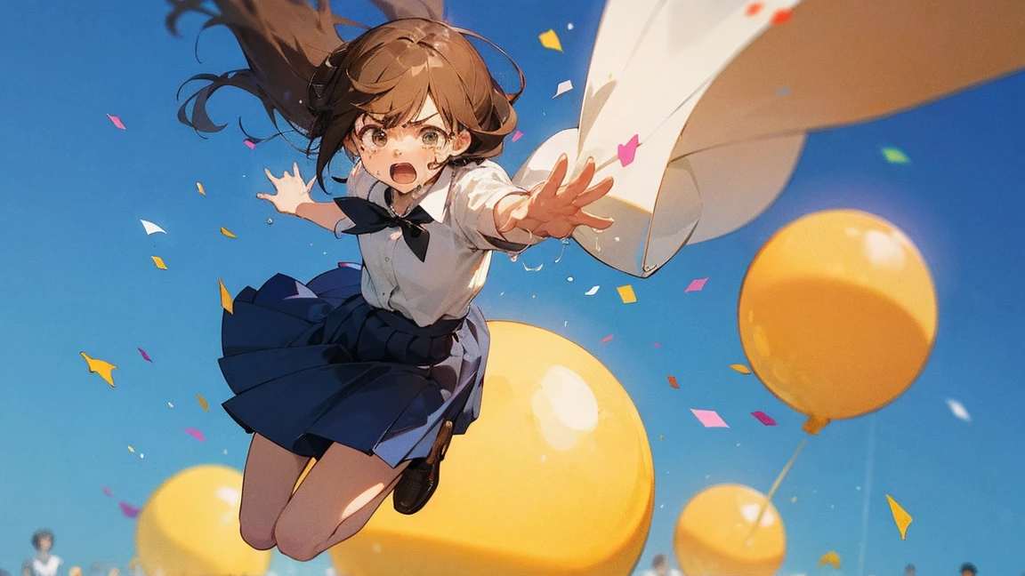 ((Highest quality)), ((masterpiece)), ((Very detailed)),Floatingする女の子,Angry expression,floating,Floating,Confetti,Brown Hair,tears,Levitating,Blue sky background,Feet in the air,tears,gravity,Long skirt,loafers,Raise both hands
