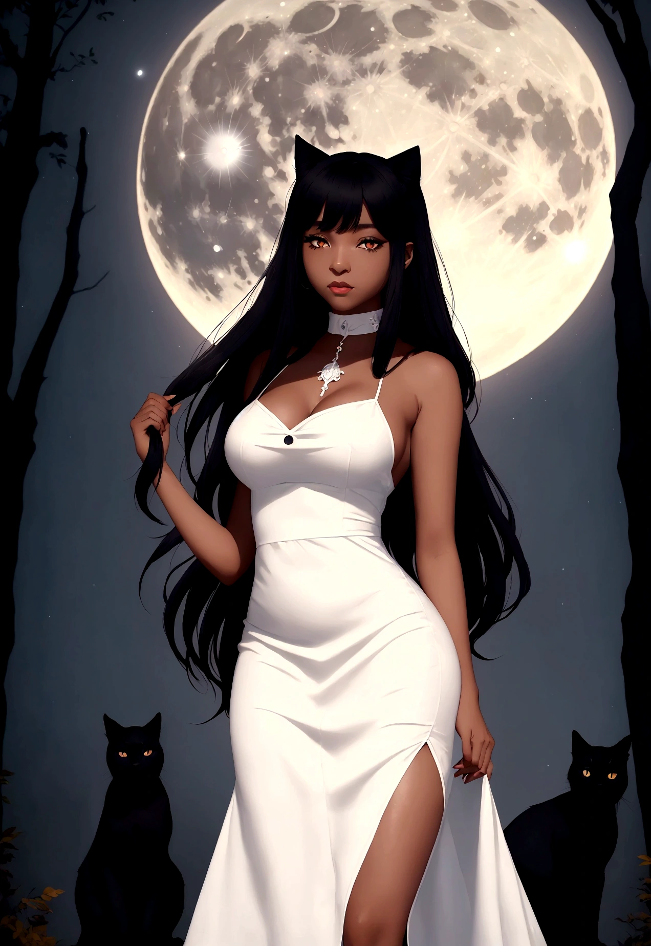 woman black cat breasts 95 b white linen dress forests night full moon