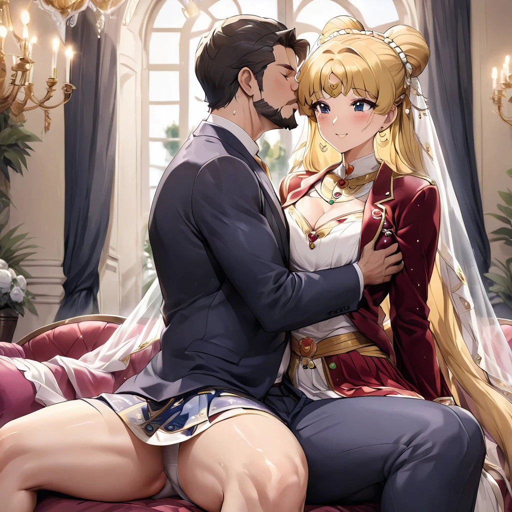 ((Highest quality)), ((masterpiece)), (detailed), (Perfect Face)、The woman is an Italian named Tsukino Usagi, and is wearing a gorgeous, glittering Italian traditional Sardinian costume in a luxurious Italian mansion, a lavishly decorated velvet jacket, a long veil, gorgeous jeweled accessories and an engagement ring. The woman and the man are sitting on a luxurious, large sofa in the luxurious room, and the woman is embracing and kissing the dignified, bearded middle-aged man wearing an Italian traditional costume, making love.、The woman is the elegant Tsukino Usagi, with long blonde hair in a chignon twin tail, wearing a velvet jacket decorated with the Italian national costume of Sardinia, and a long veil.、The man is a dignified, muscular, bearded Italian man dressed in Italian national dress.
