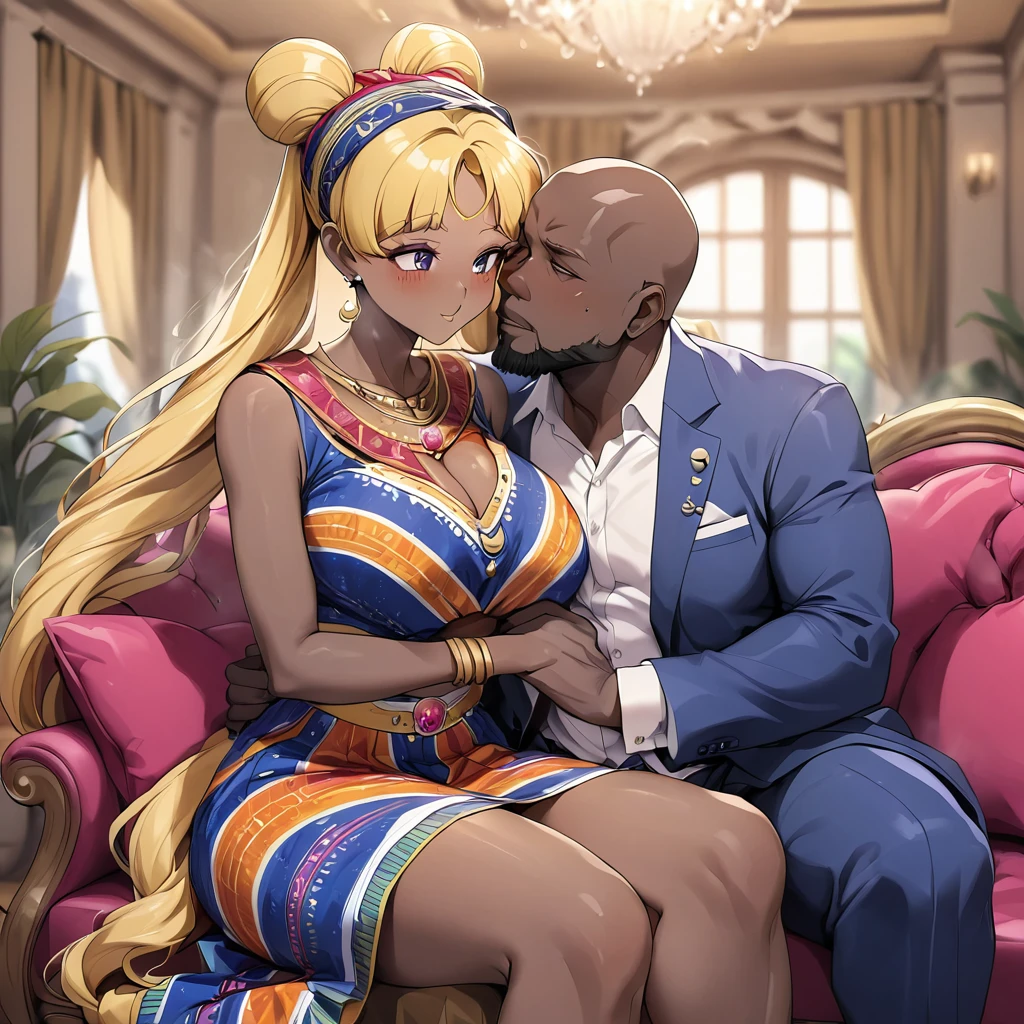 ((Highest quality)), ((masterpiece)), (detailed), （Perfect Face）、The woman is a Ghanaian black woman named Tsukino Usagi with vivid dark skin. She is wearing the gorgeous, colorful, glittering Ghanaian traditional kente dress in a luxurious Ghanaian mansion, and is wearing gorgeous jeweled accessories and an engagement ring. The woman and the man are sitting on a luxurious, large sofa in the luxurious room, and the woman is being embraced by a dignified, muscular, bearded, middle-aged Ghanaian man wearing Ghanaian traditional dress, who is touching her breasts and groin and kissing her.、The woman is the elegant Tsukino Usagi, with long blonde hair in a chignon twin tail, and a vivid dark-brown skin wearing the colorful Ghanaian national dress, Kente.、（The woman is a dark-skinned black Ghanaian.）、The man is a dignified, muscular, bearded Ghanaian man wearing the Ghanaian national dress.