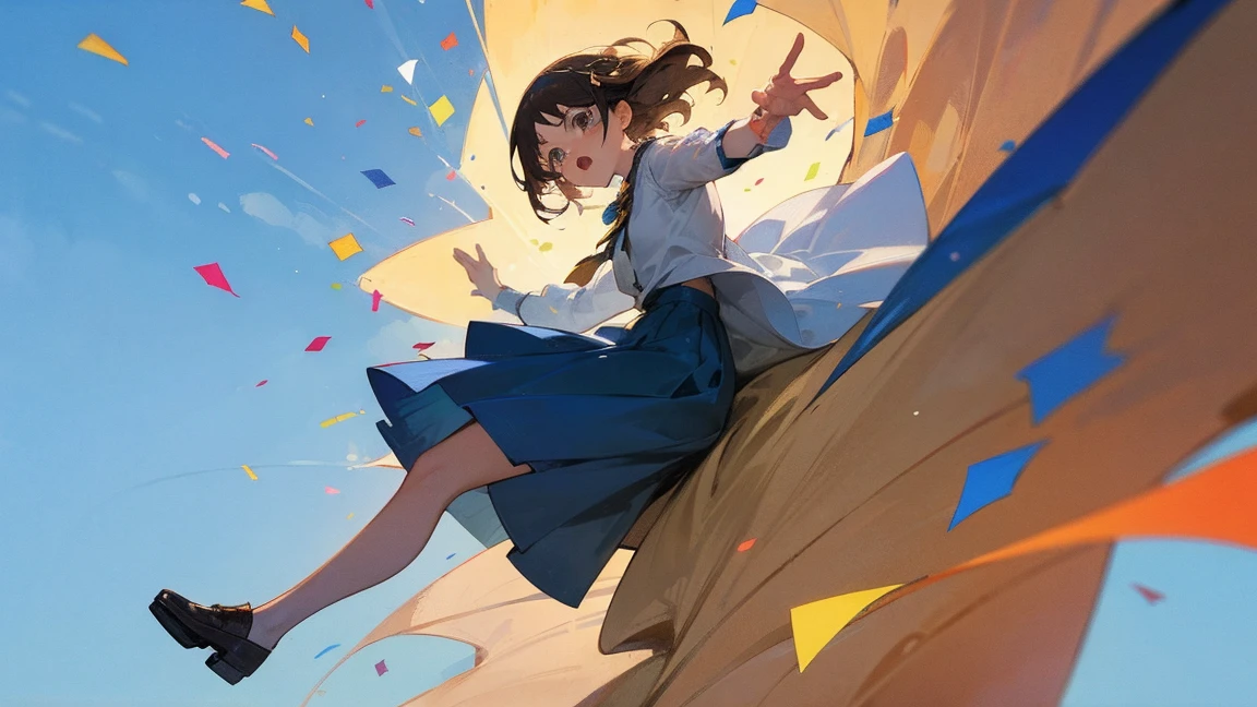 ((Highest quality)), ((masterpiece)), ((Very detailed)),Floatingする女の子,Angry expression,floating,Floating,Confetti,Brown Hair,tears,Levitating,Blue sky background,Feet in the air,tears,gravity,Long skirt,loafers,Raise both hands
