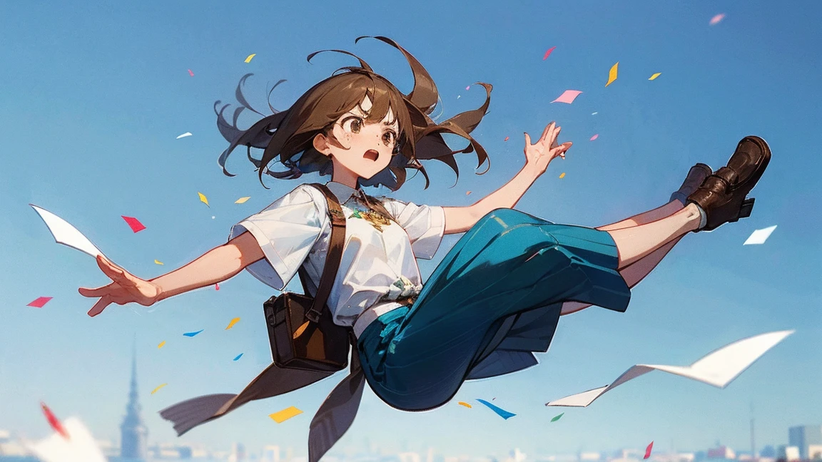 ((Highest quality)), ((masterpiece)), ((Very detailed)),Floatingする女の子,Angry expression,floating,Floating,Confetti,Brown Hair,tears,Levitating,Blue sky background,Feet in the air,tears,gravity,Long skirt,loafers,Raise both hands