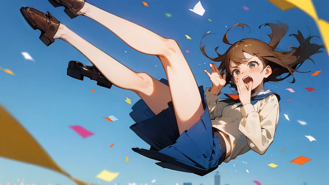 ((Highest quality)), ((masterpiece)), ((Very detailed)),Floatingする女の子,Angry expression,floating,Floating,Confetti,Brown Hair,tears,Levitating,Blue sky background,Feet in the air,tears,gravity,Long skirt,loafers,Raise both hands