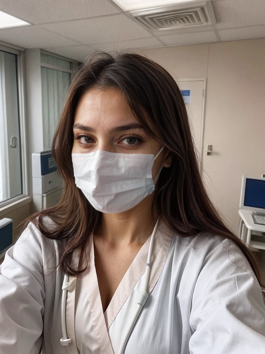 hospital selfie, sick girl, viki odintcova, with a mask, in medical robe, sad expression, messy hair