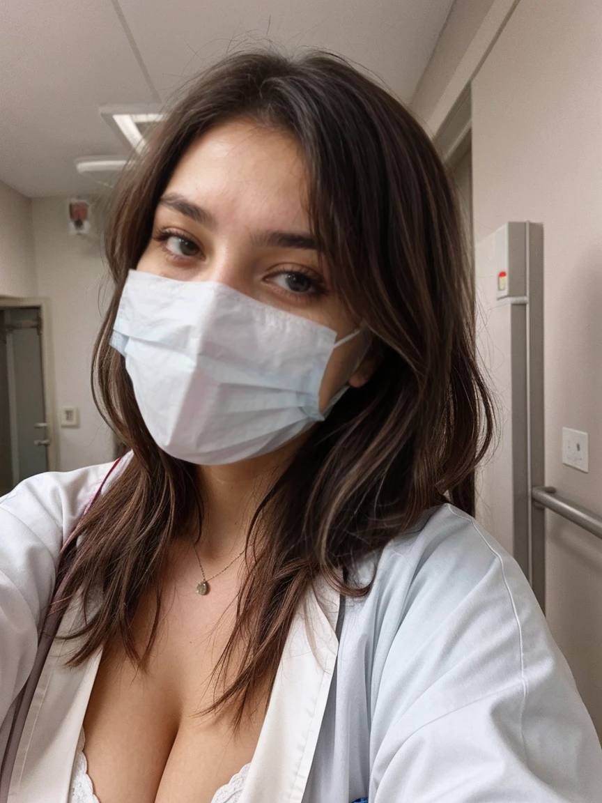 hospital selfie, sick girl, viki odintcova, with a mask, in medical robe, sad expression, messy hair