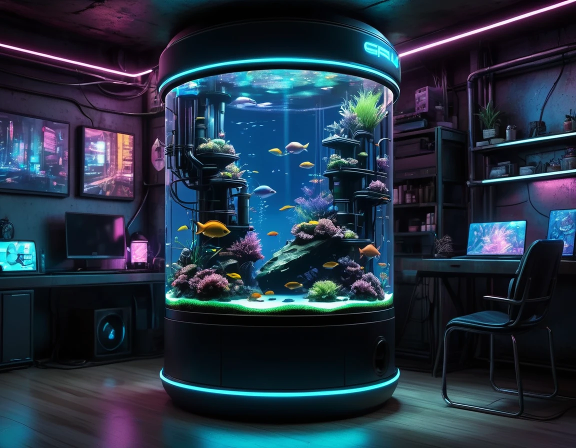 Cyberpunk fish tank，No fish，Lots of high-tech wires，Pipe connections，Slender cylindrical，Transparent glass，light，Blue technology atmosphere，The background is a network city, （masterpiece），（best quality），（Best details）