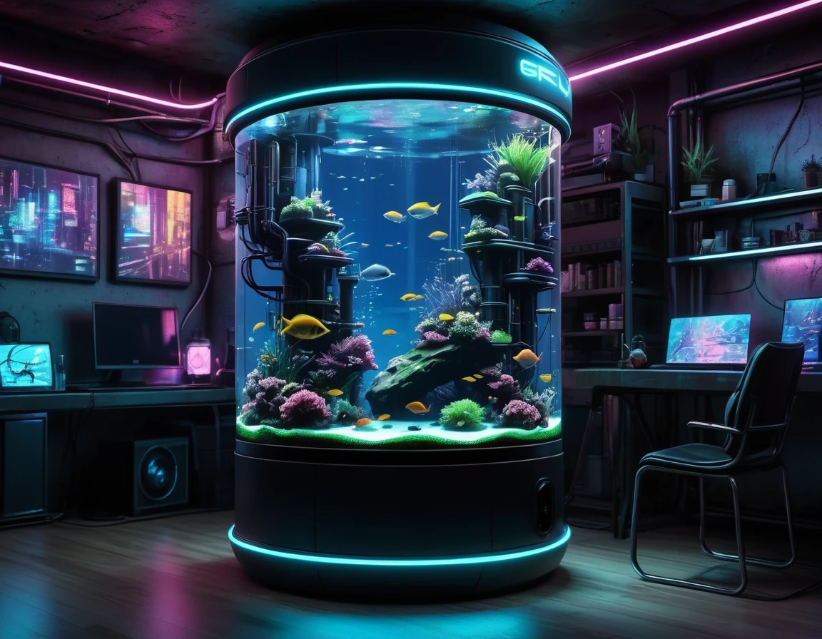 Cyberpunk fish tank,No fish,Lots of high-tech wires,Pipe connections,Slender cylindrical,Transparent glass,light,Blue technology atmosphere,The background is a network city, (masterpiece),(best quality),(Best details)