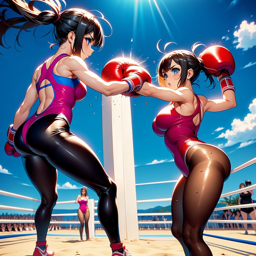 NSFW , on the beach boxing ring , Small woman and big woman , Fullbody shot , Wear Monokini swimsuit with pantyhose , Female boxing Face to face, huge breasts.