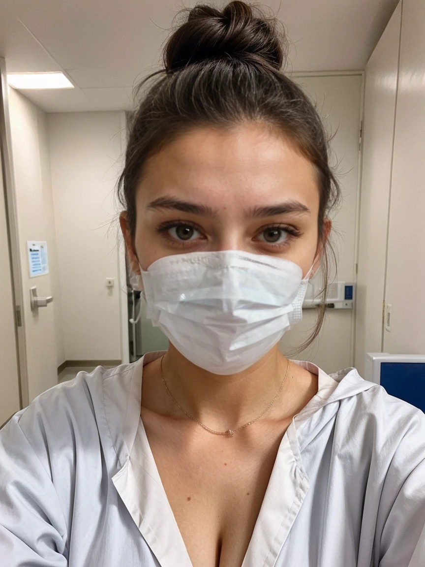 hospital selfie, sick girl, viki odintcova, with a mask, in medical robe, sad expression, messy hair, bun