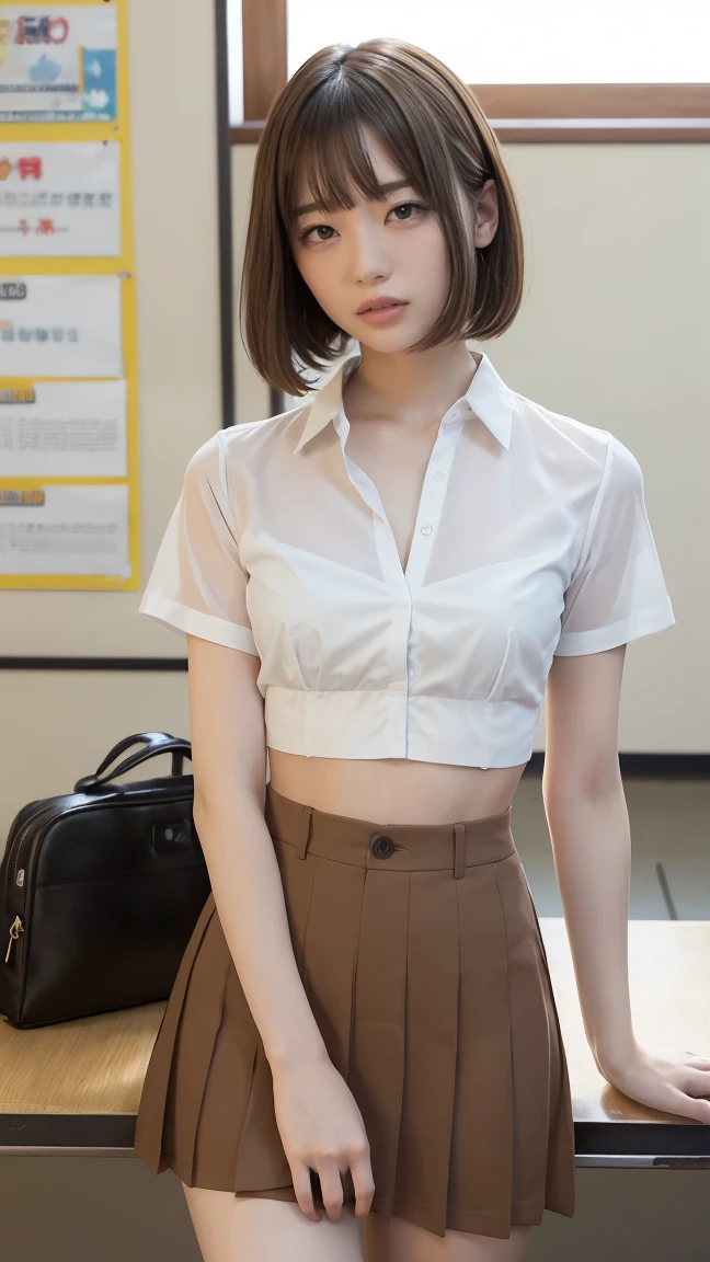 (1 woman), short bob, 18 years old, Japanese, brown eyes, brown hair, slim, (flat chest), high school girl, classroom, summer uniform break at school. Blouse was white and transparent, so bra was visible. Black bra
