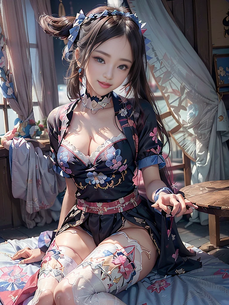 (Full Body View:1.5)、(squat:1.3)、(Beautiful lips and cheeks:1.4)、(Prostitute:1.4)、(Smiling with teeth showing:1.3),(Shibuya Gal:1.5)、(Gothic ta vibe:1.5)、(White, red, magenta, and blue miniskirt courtesan kimono showing cleavage:1.5)、(New Year:1.4)、(Luxury hair ornaments/hairpin:1.5)、(Short kimono:1.3)、(Make-up like a maiko:1.5)、(Bewitching Woman:1.3)、(Dense kimono:1.4)、(Wearing flashy knee socks:1.2)、(The underwear has an embroidered pattern:1.4)、40 years old、(Dance vigorously:1.3)、((Highest quality、8k、masterpiece:1.3))、1 Female、Slim and beautiful abs:1.3、(hairstyle casual、Beautiful boobs:1.1)、dress:1.1、Super small face、Narrow eyes、double eyelid、A sloppy smile、Esbian all over、Dynamic Angle、Close-up、CPL Filter、Blurred Background、Bokeh、Blue Hour、Detailed face and skin texture、Detailed eyes、double eyelid,(Twin tails:1.3)、(Black-brown hair:1.3)、Gravure idol、(The background is a gorgeous Meiji-era town:1.3)、(Thin body:1.2),(Thin thighs:1.5),(clavicle:1.1)