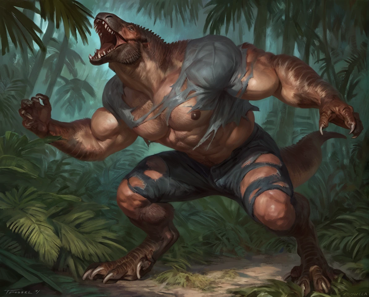 male tyranosaurus mid transformation, solo, masterpiece, hyper muscle, muscular arms, veiny arms, best art, digitigrade, by oouna by taran fiddler, torn pants, torn shirt, detailed hands, detailed eyes, detailed torso, jungle, howling expression, transformation, human face, night, howling up, muscular, abs, nipples, bird feet