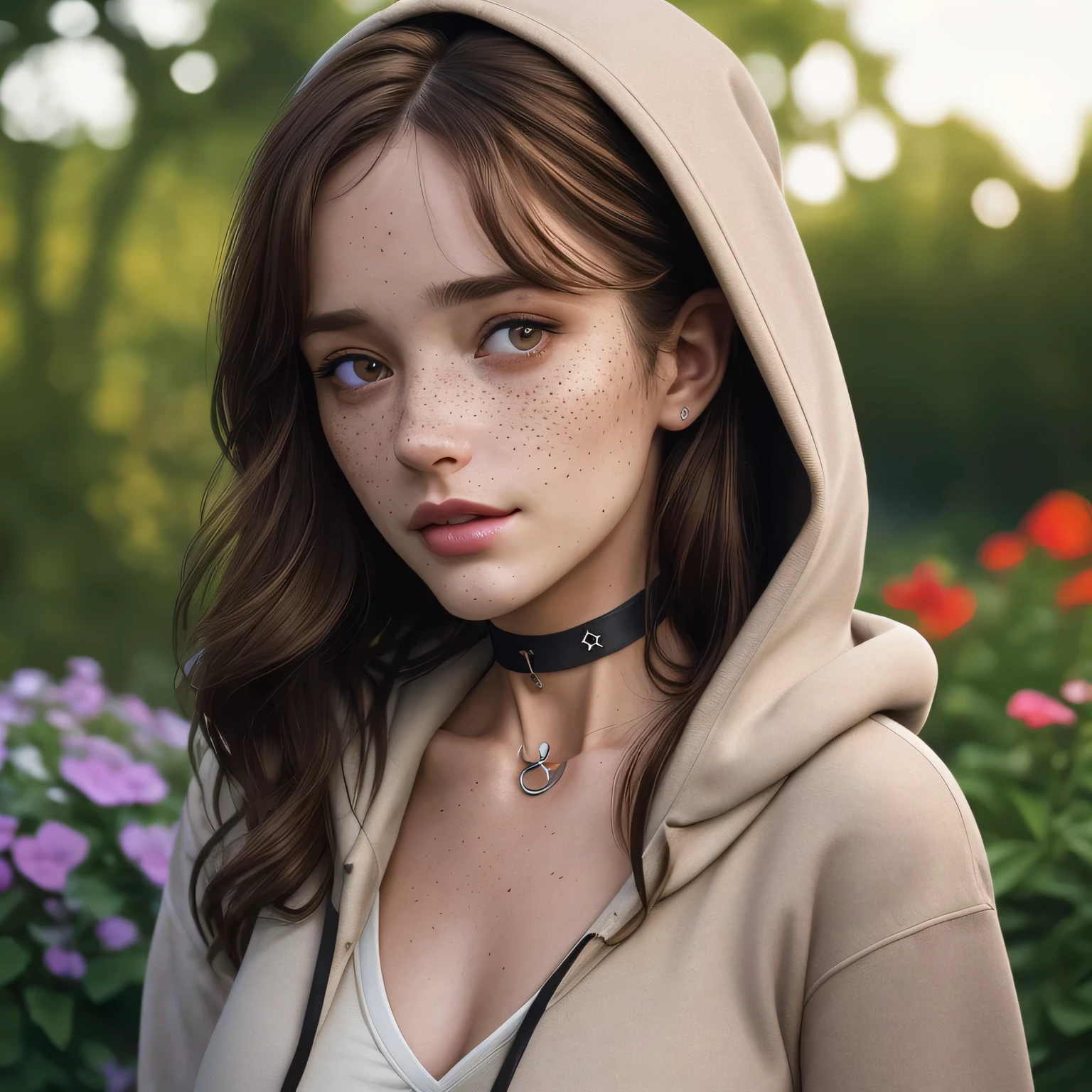 score_9, score_8_up, score_7_up, BREAK, rating_safe, woman, brown hair, detailed, sharp focus, flirtatious, seductive, choker, pleasant, seductive, freckles, 85 mm, hoodie, outdoor, garden, rare angle selfie, garden, nature, highly detailed, detailed skin, depth of field, film grain, highly detailed, detailed skin, depth of field, film grain