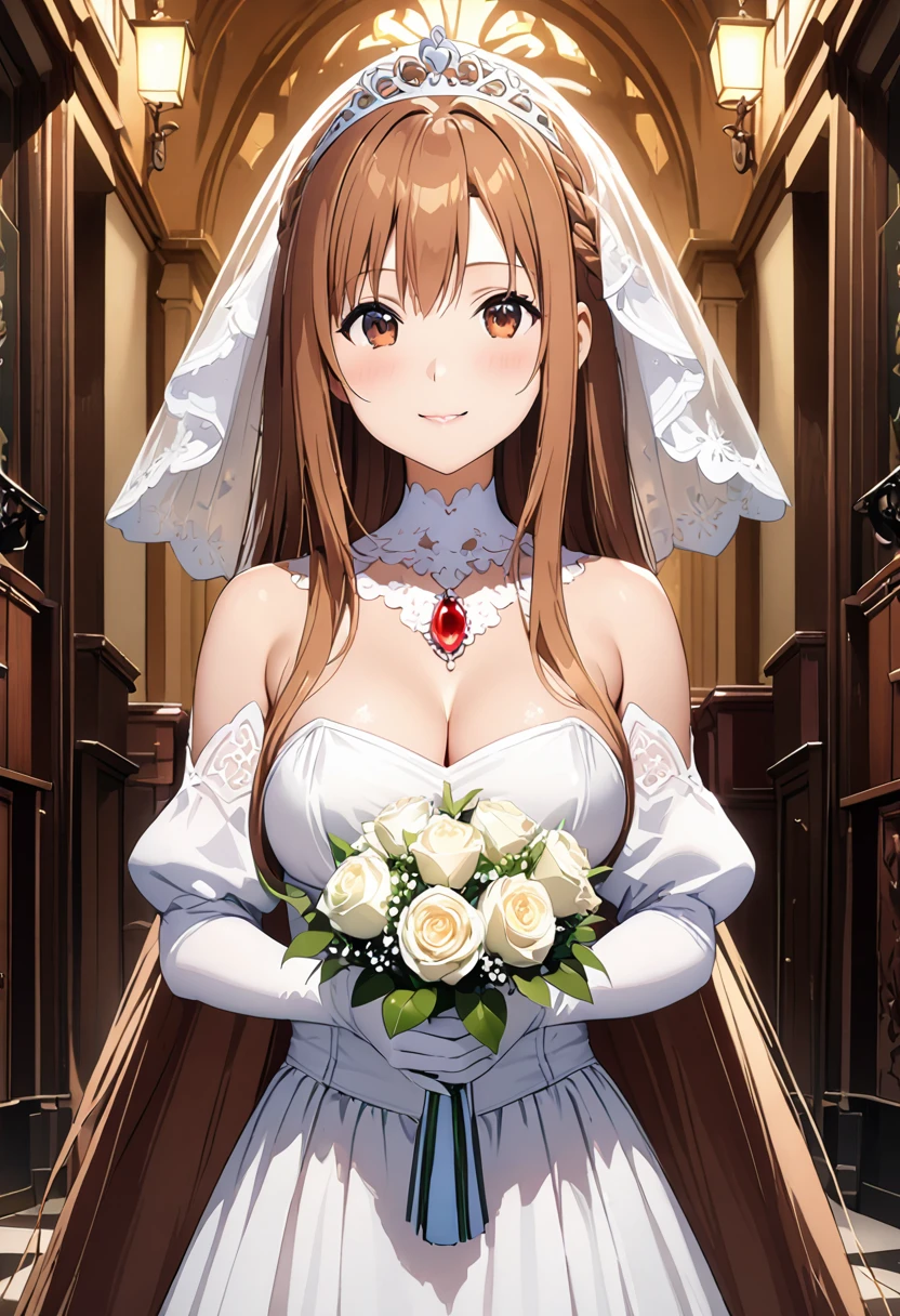 Highest quality、Super detailed、High resolution illustrations、Ultra-high-definition CG、8k size wallpaper、Production Art、Light novel illustrations、(1People Girls)、asuna yuuki, long hair, bangs, brown hair, brown eyes, very long hair, braid、dress, bare shoulders, detached sleeves, white dress, A smile full of happiness、Puff sleeves、Wedding Veil、tiara、Cleavage cutouts、Red brooch、Wedding dress、White Dress、White Gloves、Long skirt、White stiletto heels、Holding a bouquet in both hands、hyperrealistic、spoken heart