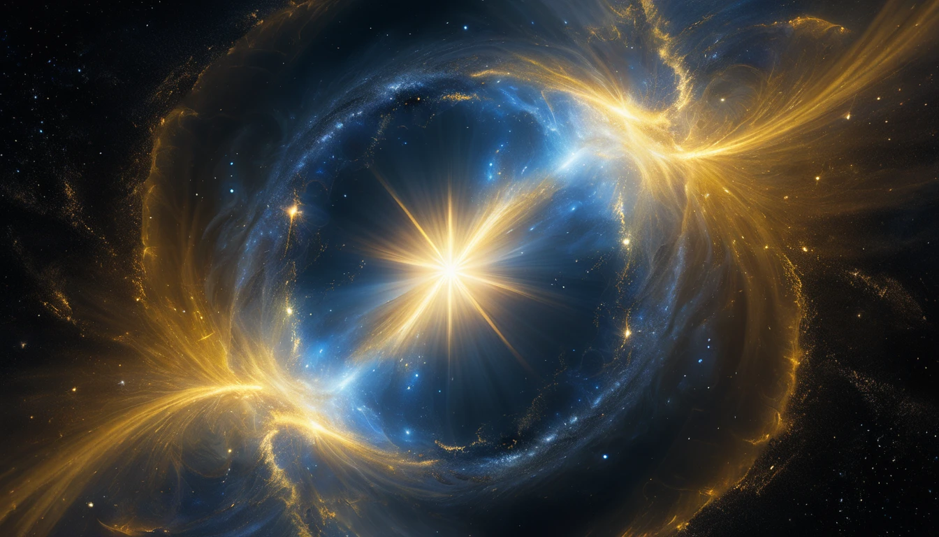 Hyper-realistic cinematic photographic patterns, lighting and ultra-detailed image. The Creation of Light by God: A cosmic scenario, with a dark vastness and the sudden appearance of a bright light in the center, radiating clarity. Magical realism, with stunning cosmic details. Shades of black and dark blue to represent primordial chaos, with light in shades of white, yellow and gold radiating intensity. The central light should be the focal point, with rays of light spreading across the dark room. The background should have subtle nuances of nebulae and stars emerging. The image should convey a sense of divine power and transformation, with the light bringing order, clarity and hope to the setting. widescreen format image with 4K resolution.