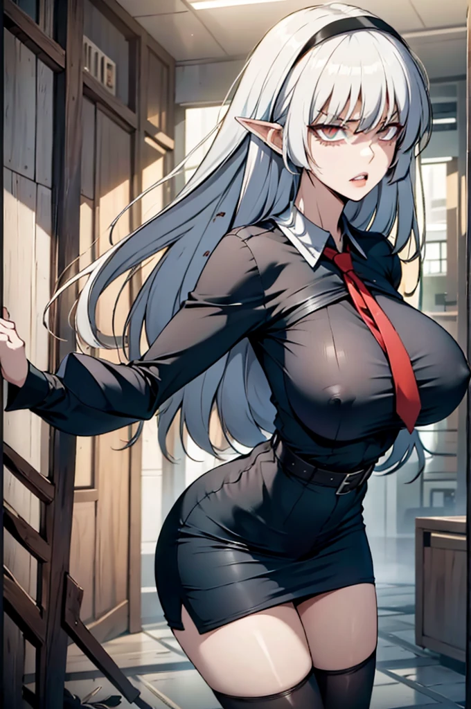 Alice,vampyre,ashen hair, long hair, Eyes red, pointy ears, breasts small,4K, raw camera, high resolution, detailded, work of art, portraite, Aesthetics, comely, best qualityer, altamente detailded, best qualityer clothing, Aesthetics clothings, professional angle, rule of thirds, Female One, dainty, comely, 19yearsold, appealing, standing alone, 1 girl, (Akame), (No abandoned park), (trunk ), ((facing the front)), (natta), ((serious)), (pretty long hair, very straight hair, Irregular Fringe, loose hair hair, - in the hair), (eyes open, , natural eyes, Impetuous Gaze Gaze), skin fair, (standing), ((-)), -, -, (cloused mouth), (natural lips), (medium bust), ((arms down)), ((Black one-piece dress with scoop sleeves), black mini skirt, Red belt with protector on the left side, red necktie, (high quality clothing), ( neckleace)), comely body, comely eyes, glare eyes, shiny hair, comely mouth, comely lips, comely face