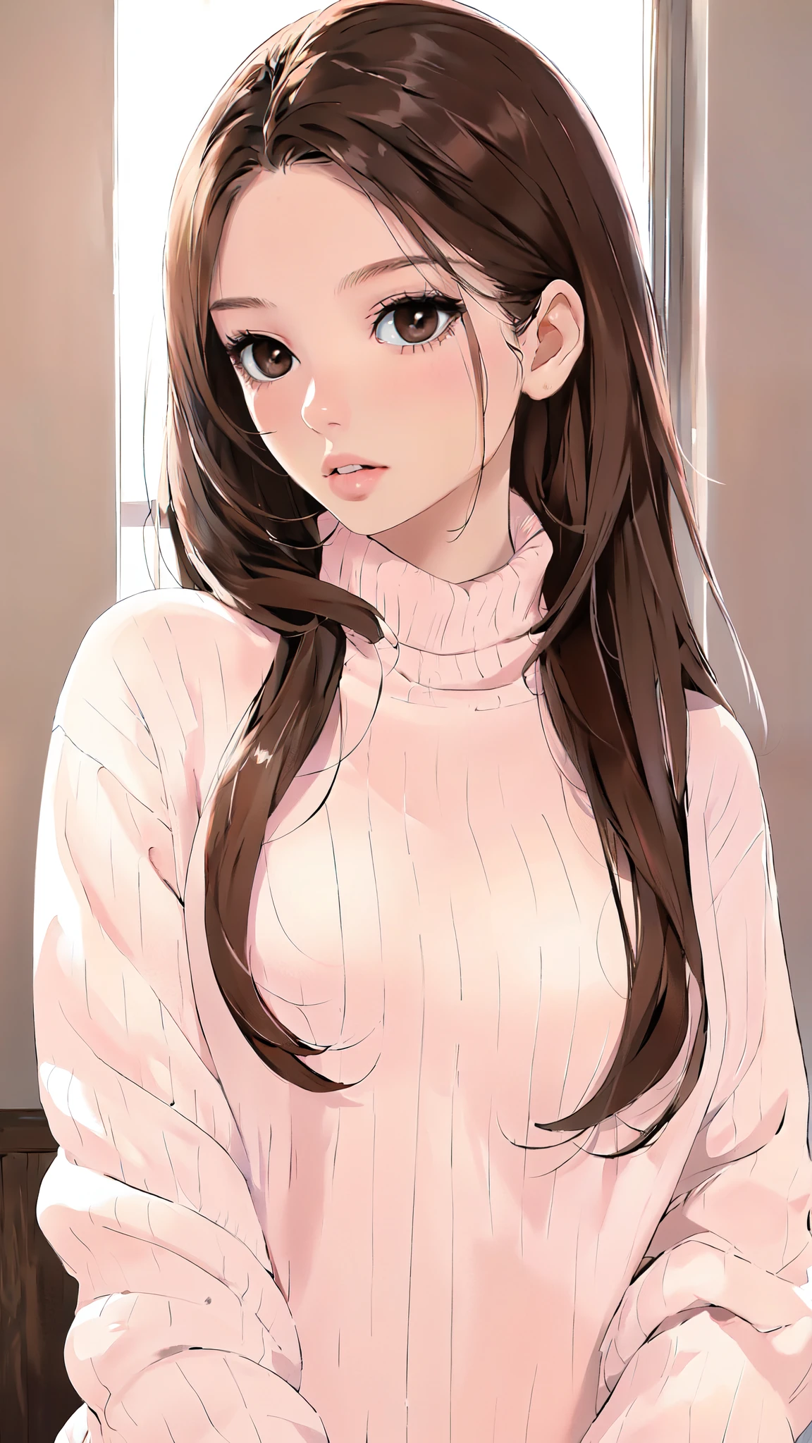 Girl, long brown hair, brown eyes, sharp features, white skin, pink lips, perfect, sweater