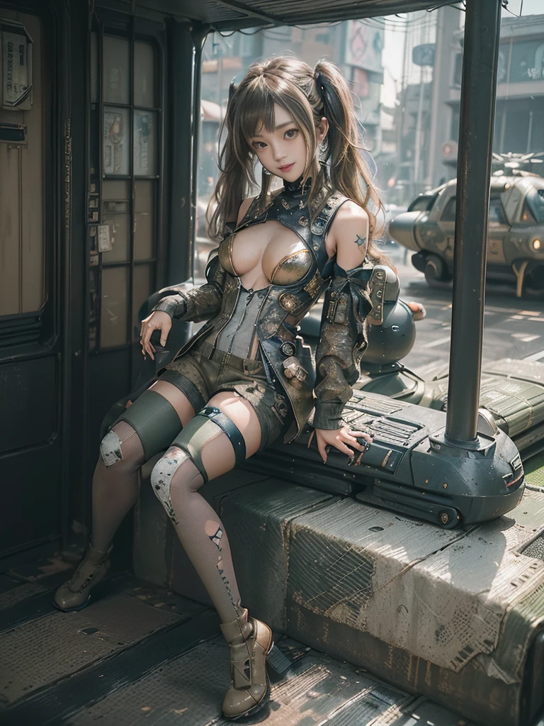 (Full Body View:1.5)、(Side view:1.1)、(Please smile with your teeth showing:1.3),(Shibuya Gal:1.5)、(Gothic ta style fashion:1.5)、(Tattered khaki and gray futuristic micro high leg bodysuit:1.5)、(Tattered Khaki and Moss Green Micro Fancy Sleeves:1.5)、(Tattered khaki micro shorts:1.5)、(Brown and khaki knee socks:1.3)、(camouflage:1.3)、(Military jacket:1.4)、Brown boots、Khaki gloves、internal、(The underwear is striped:1.4)、23 years old、(do a gravure pose:1.3)、((Highest quality、8K、masterpiece:1.3))、One girl、The beauty of slim abs:1.3、(Hairstyle Casual、Big Tits:1.1)、dress:1.1、Super small face、Narrow eyes、double eyelid、Laughter、Esbian all over、Dynamic Angle、Close-up、CPL Filter、Blurred Background、Bokeh、Blue Hour、Detailed face and skin texture、Detailed Eyes,(Twin tails:1.3)、(Brown-golden hair:1.4)、Gravure idol pose、(The background shows a futuristic hovercraft bike flying through the air.:1.3)、(The body is slim:1.2),(Slim legs:1.4),(clavicle:1.1)
