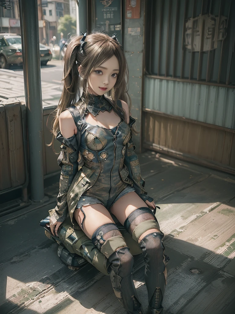 (Full Body View:1.5)、(Side view:1.1)、(Please smile with your teeth showing:1.3),(Shibuya Gal:1.5)、(Gothic Lolita style fashion:1.5)、(Tattered khaki and gray futuristic micro high leg bodysuit:1.5)、(Tattered Khaki and Moss Green Micro Fancy Sleeves:1.5)、(Tattered khaki micro shorts:1.5)、(Brown and khaki knee socks:1.3)、(camouflage:1.3)、(Military jacket:1.4)、Brown boots、Khaki gloves、internal、(The underwear is striped:1.4)、23 years old、(do a gravure pose:1.3)、((Highest quality、8K、masterpiece:1.3))、One girl、The beauty of slim abs:1.3、(Hairstyle Casual、Big Tits:1.1)、dress:1.1、Super small face、Narrow eyes、double eyelid、Laughter、Esbian all over、Dynamic Angle、Close-up、CPL Filter、Blurred Background、Bokeh、Blue Hour、Detailed face and skin texture、Detailed Eyes,(Twin tails:1.3)、(Brown-golden hair:1.4)、Gravure idol pose、(The background shows a futuristic hovercraft bike flying through the air.:1.3)、(The body is slim:1.2),(Slim legs:1.4),(clavicle:1.1)