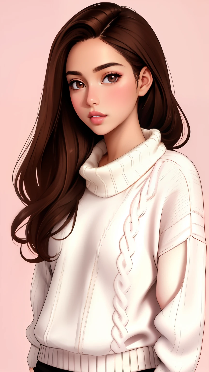 Girl, long straight brown hair, brown eyes, sharp features, white skin, pink lips, soft and delicate, perfect, sweater