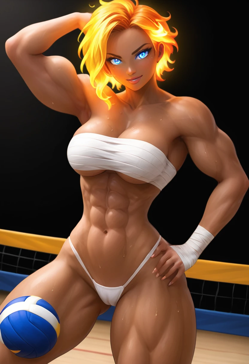 Prompt 

detailed illustration, (front view), (side view),dynamic angle, ultra-detailed, illustration, clean line art, shading, anime, detailed eyes, detailed face, beautiful face, dramatic lighting, detailed illustration, dynamic angle, ultra-detailed, illustration, single woman 

Fit, toned abs, ((volleyball shorts)), ((fundoshi breast wrap)), volleyball player, big round ass, big tits, caramel tan skin, dark skin tone, wide hips, narrow waist, thunder thighs, (blazing blonde hair), (glowing eyes), glowing sclera, muay thai wraps, small strong biceps, sweat, ((bandaged breasts)), flaming hair, hair is fire, flames rolling down skin, clothes catching on fire, embers 