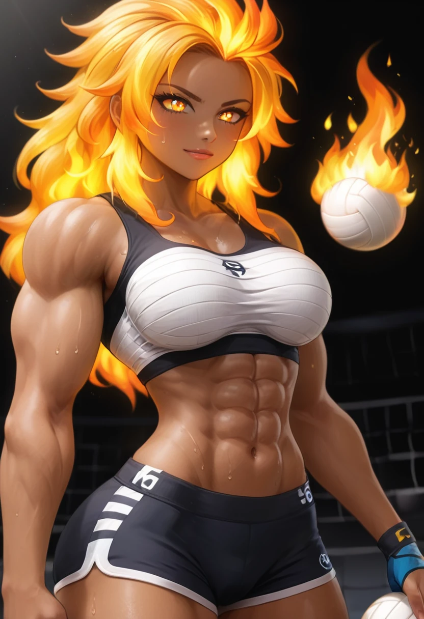 Prompt 

detailed illustration, (front view), (side view),dynamic angle, ultra-detailed, illustration, clean line art, shading, anime, detailed eyes, detailed face, beautiful face, dramatic lighting, detailed illustration, dynamic angle, ultra-detailed, illustration, single woman 

Fit, toned abs, ((volleyball shorts)), ((fundoshi breast wrap)), volleyball player, big round ass, big tits, caramel tan skin, dark skin tone, wide hips, narrow waist, thunder thighs, (blazing blonde hair), (glowing eyes), glowing sclera, muay thai wraps, small strong biceps, sweat, ((bandaged breasts)), flaming hair, hair is fire, flames rolling down skin, clothes catching on fire, embers 