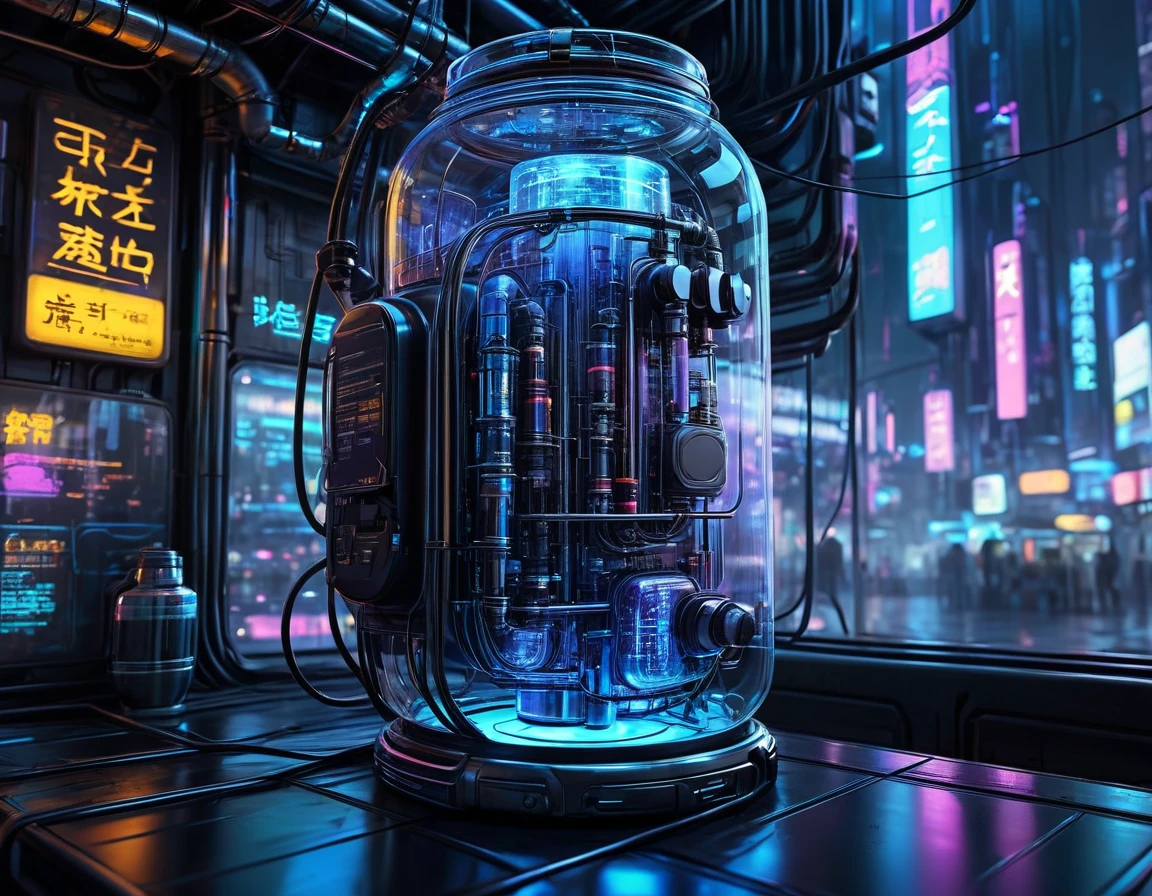 Cyberpunk style glass jar,No fish,Lots of high-tech wires,Pipe connections,Slender cylindrical,Transparent glass,light,Blue technology atmosphere,The background is a network city, (masterpiece),(best quality),(Best details)