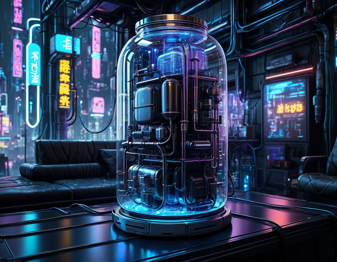 Cyberpunk style glass jar,No fish,Lots of high-tech wires,Pipe connections,Slender cylindrical,Transparent glass,light,Blue technology atmosphere,The background is a network city, (masterpiece),(best quality),(Best details)