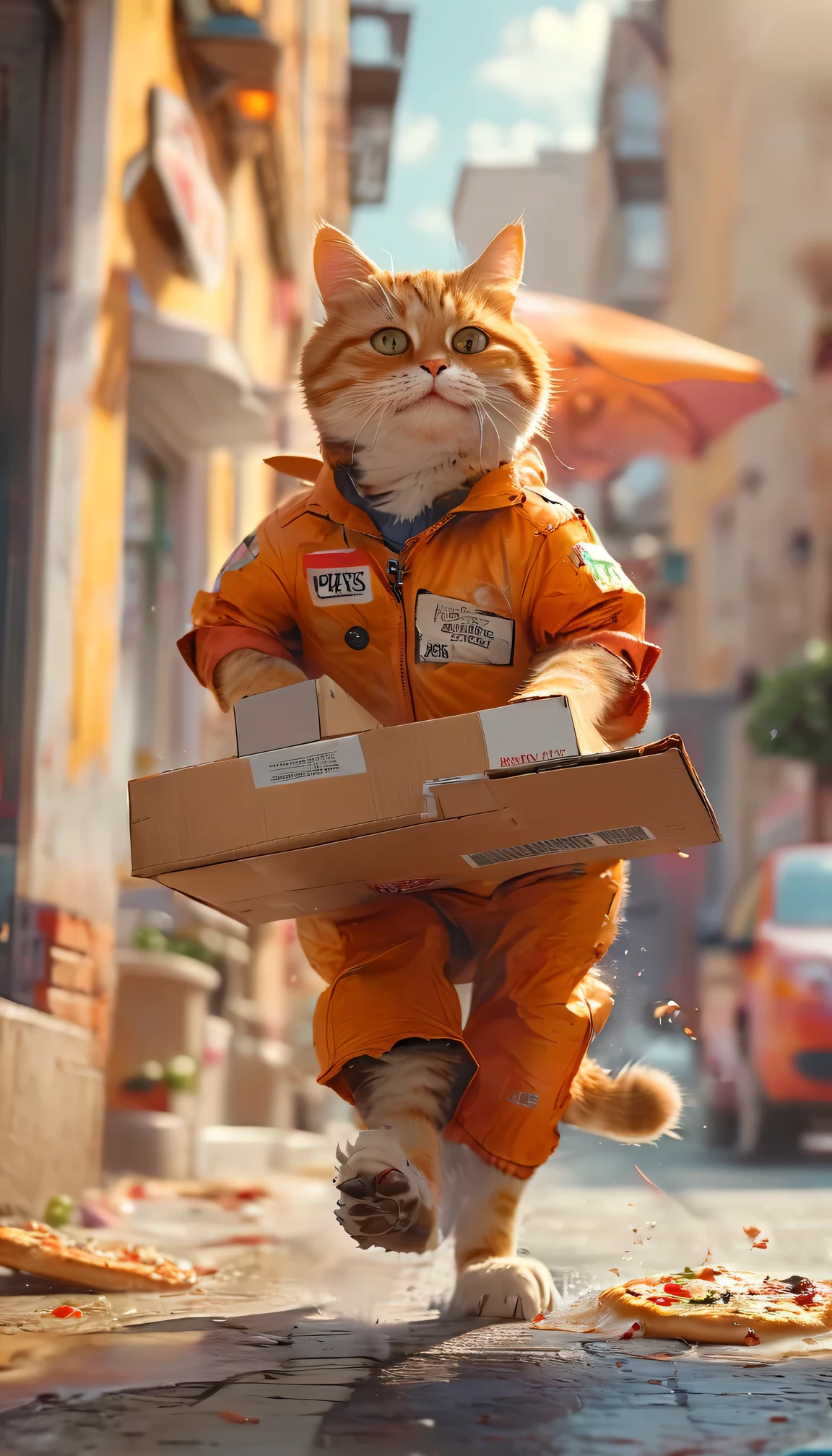((full body)), fat cat in pizza delivery suit, running down the street, pizza box in paws, in action action-packed background, cinematic, high quality detail, high realism, bright contrasting colors