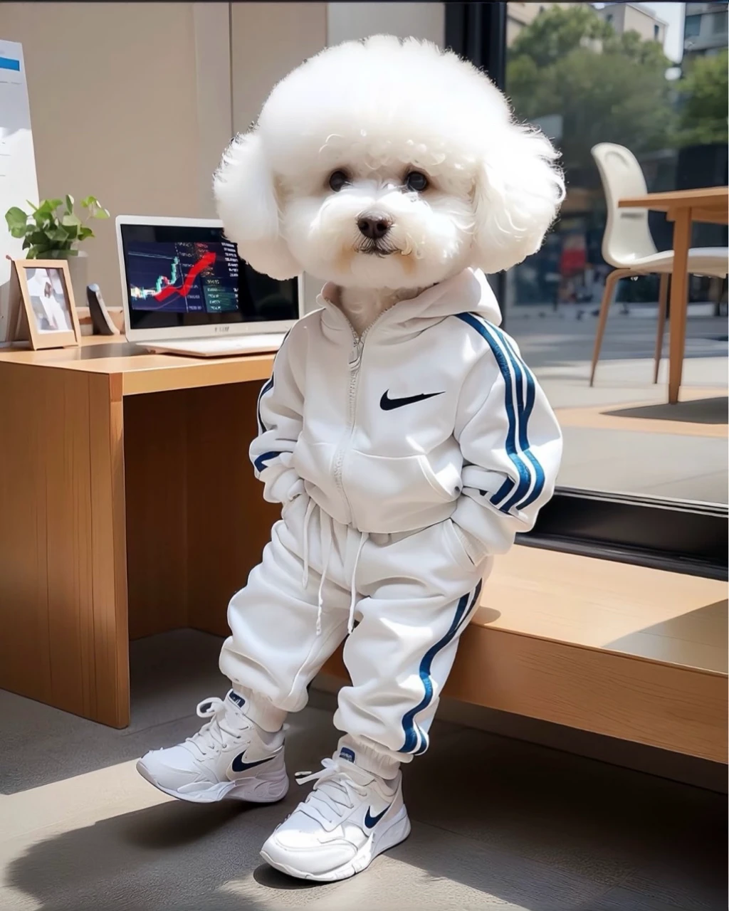 A fluffy white dog wearing a stylish white tracksuit with blue stripes, sitting at a desk in an office. The computer screen in front of him displays stock market charts. The office is modern, with other staff members paying close attention to the dog’s advice.
