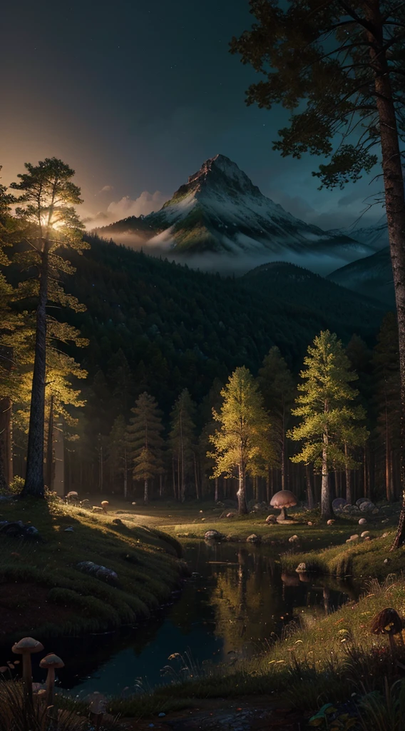 a magical landscape, serene forest, misty mountains, glowing mushrooms, ethereal lighting, fantasy environment, vibrant colors, high detail, digital painting, concept art, night