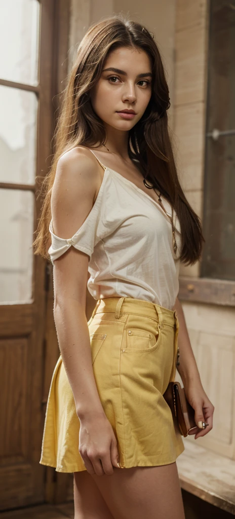 (( straight face picture )) ((best quality)),  ((Masterpiece)), (details), Young woman , long hair, gold color , Moth Ear , yellow open shoulder shirt , short skirt ,jeans skirt