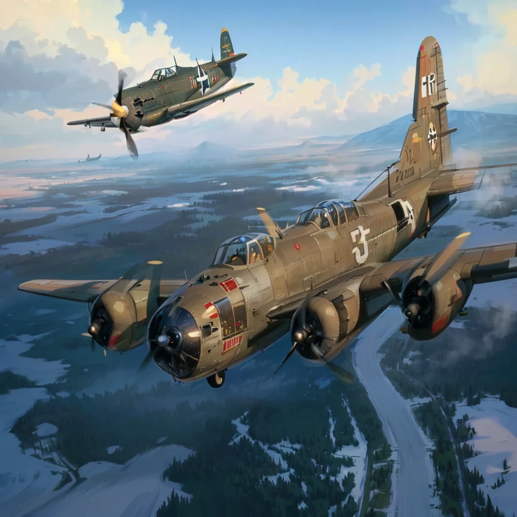 two old world war planes flying over a snowy landscape, bomber planes, by Howard Lyon, by David G. Sorensen, by László Balogh, by Derek Hill, by Bob Singer, by Ben Zoeller, by Stan Stokes, by Randy Gallegos, by Bob Ringwood, by Michael Sutfin, by Dechko Uzunov