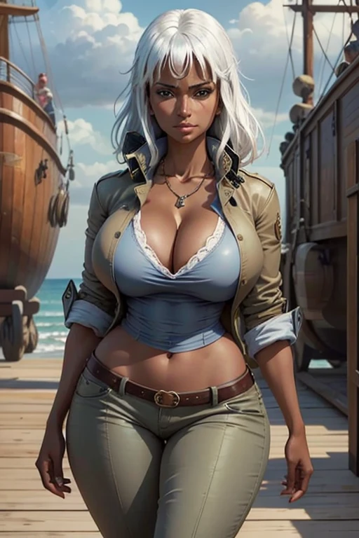 (masterpiece), best quality, expressive eyes, perfect face, front lighting, (outside at sea onboard a pirate ship background), (standing), (seductive look), (cleavage view), (1girl, Nico Robin, milf, latina, dark skin, white hair, white hair, white hair, short white hair with bangs, straight flat hairstyle, brown eyes, hourglass figure, thick body, curvy body, large breasts, huge breasts, oppai, large cleavage, wide hips, thick thighs), (beige long trench coat with grey-blue_shirt underneath, short sleeve, croptop, exposed cleavage, BREAK, green pants, necklace),