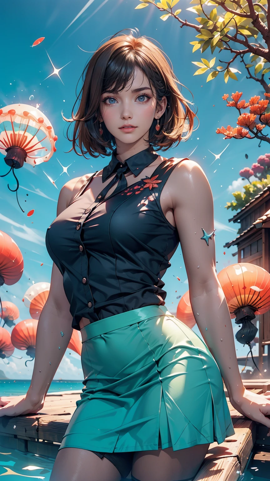 masterpiece, Highest quality, (Very detailed CG Unity 8k 壁紙), (Highest quality), (Best illustrations), (Best Shadow), Marine theme with natural elements. Tall mangrove, rich Seaweed, Luminous jellyfish, Surrounded by schools of fish, Luminous particle effect,, (Seaweed), (Ocean Theme), ((Glowing Algae)), (Coral), ((Luminous jellyfish )), ((Glowing creatures in seawater)), ((Seafire)), (((particles effect))), Isometric 3D, Octane Rendering, Ray Tracing, Very detailed、24 year old Caucasian female、Akagami、Pixie Cut Hair((pixie cut))、Wear a high-necked ruffled blouse、Wear a high-waisted skirt、Wear stiletto heels
