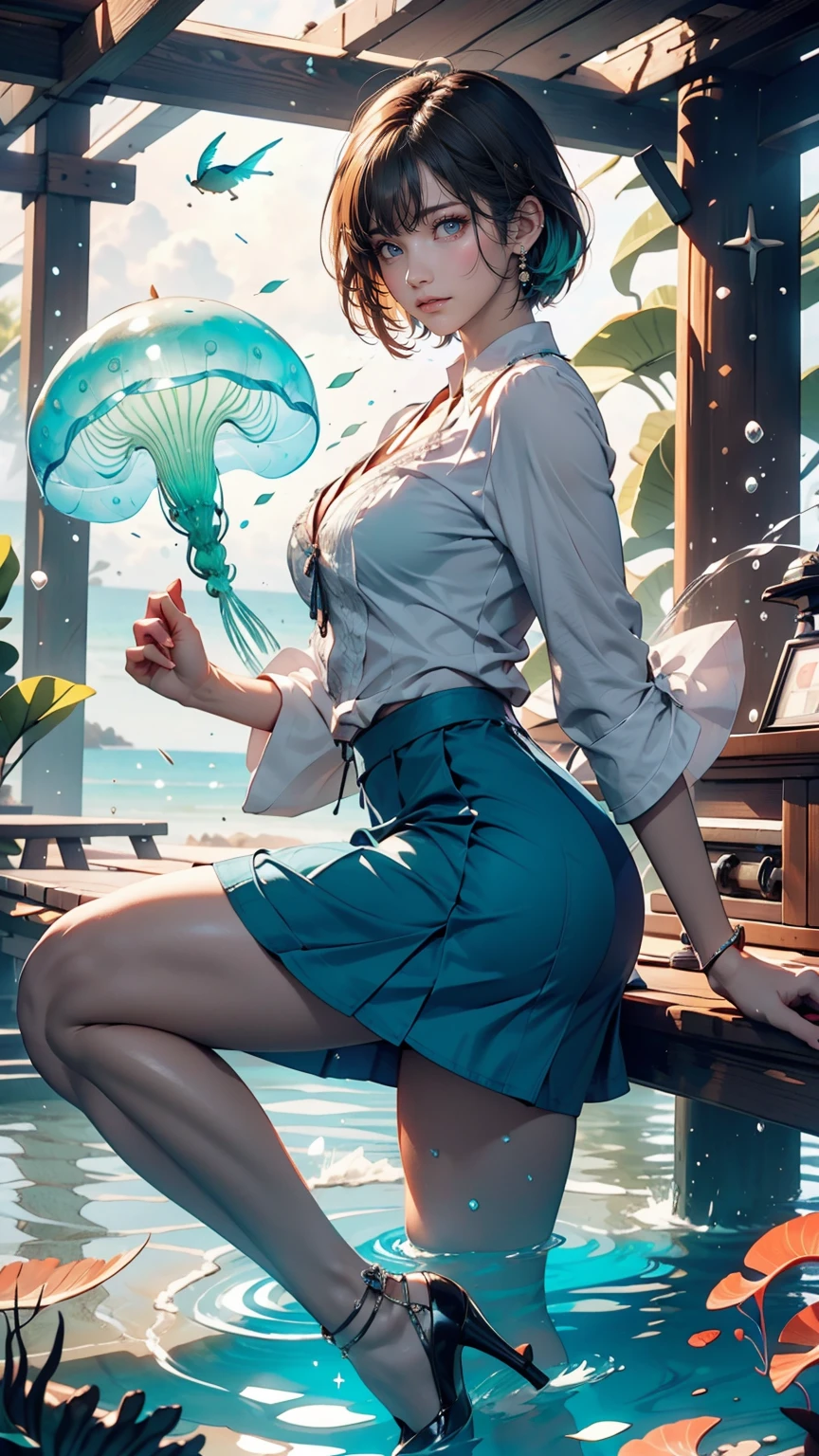 masterpiece, Highest quality, (Very detailed CG Unity 8k 壁紙), (Highest quality), (Best illustrations), (Best Shadow), Marine theme with natural elements. Tall mangrove, rich Seaweed, Luminous jellyfish, Surrounded by schools of fish, Luminous particle effect,, (Seaweed), (Ocean Theme), ((Glowing Algae)), (Coral), ((Luminous jellyfish )), ((Glowing creatures in seawater)), ((Seafire)), (((particles effect))), Isometric 3D, Octane Rendering, Ray Tracing, Very detailed、24 year old Caucasian female、Akagami、Pixie Cut Hair((pixie cut))、Wear a high-necked ruffled blouse、Wear a high-waisted skirt、Wear stiletto heels