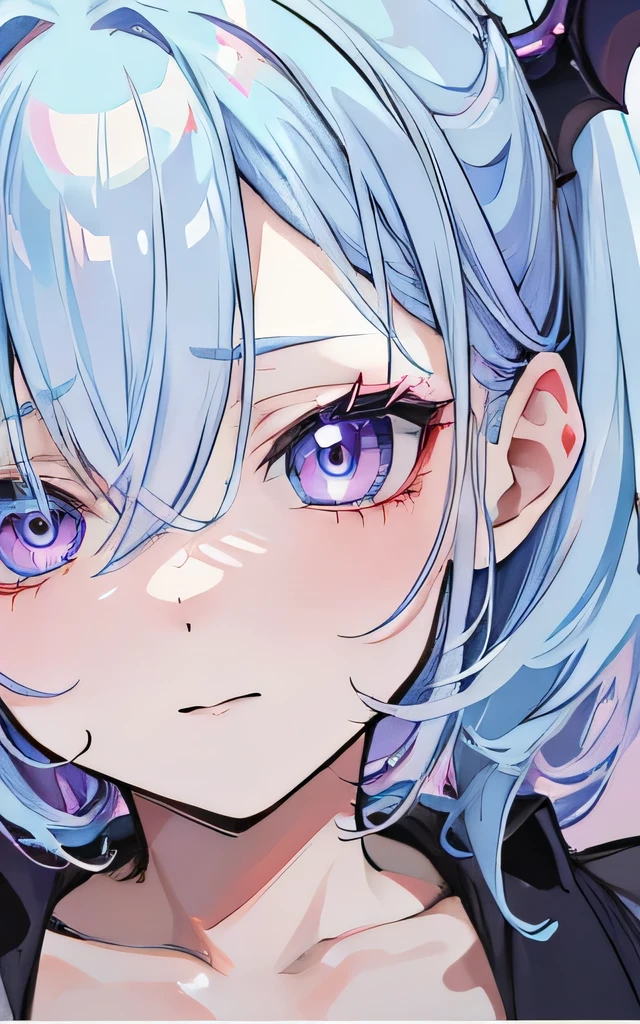 Light blue hair，Deep purple pupils，Cute and seductive succubus girl、A red-cheeked, embarrassed expression